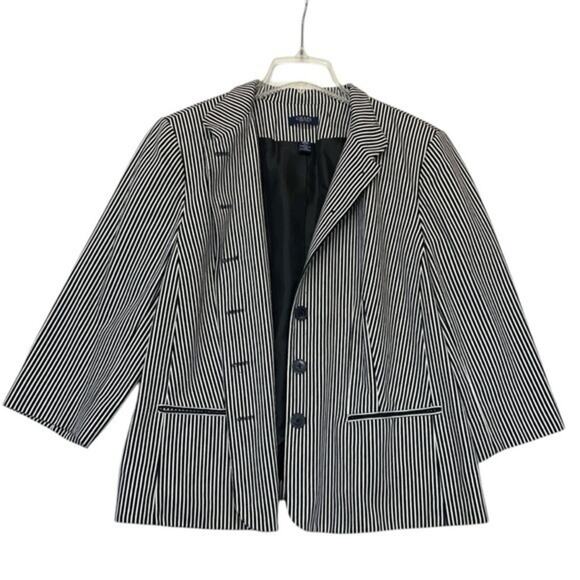 Chaps Blazer Jacket Black White Stripe Cotton Nautical Career Womens Plus 18W - Picture 1 of 7